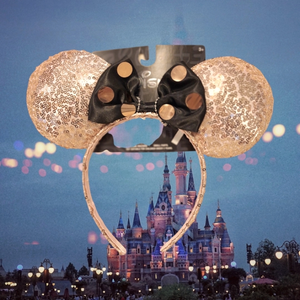 Disney light dusty pink Mickey/Minnie Mouse ears w/sequins & satin polka dot